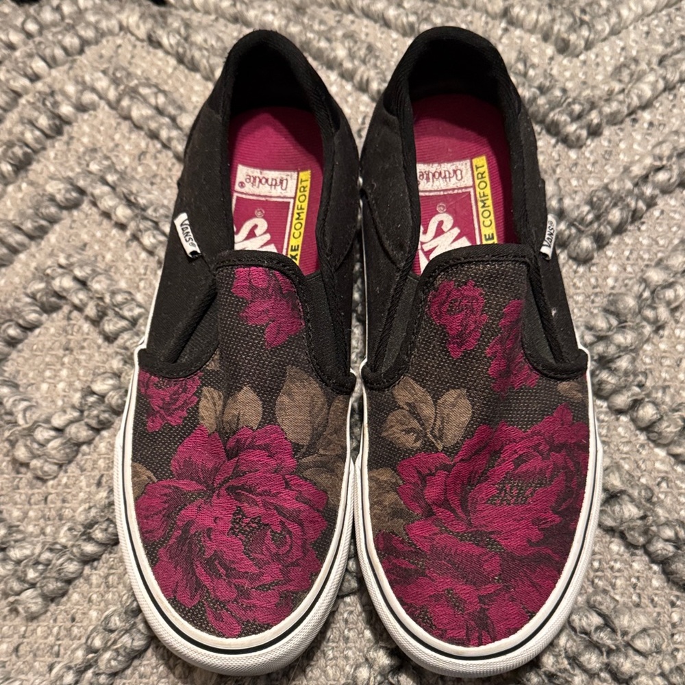 Vans Black and Pink Floral Slip-Ons
